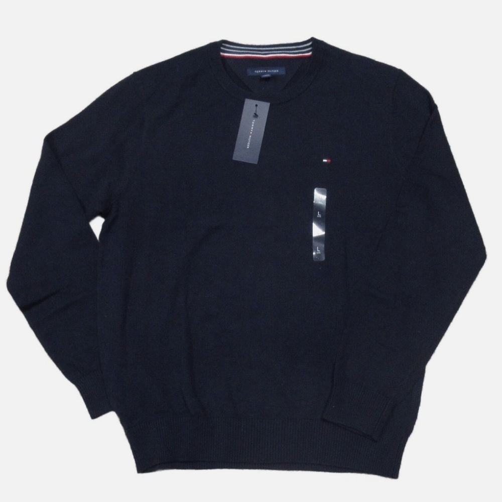 Tommy Hilfiger Men's Navy Solid Crew-Neck Cotton Pullover Sweater